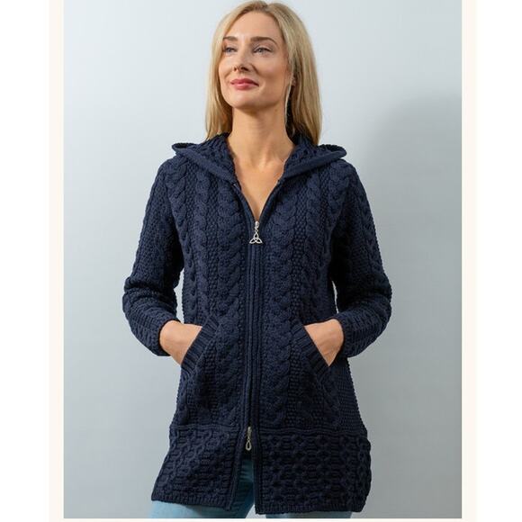Aran Crafts Sweaters - Aran Crafts Merino Wool Sweater Womens XL Hooded Coatigan Double Zip Celtic Knot